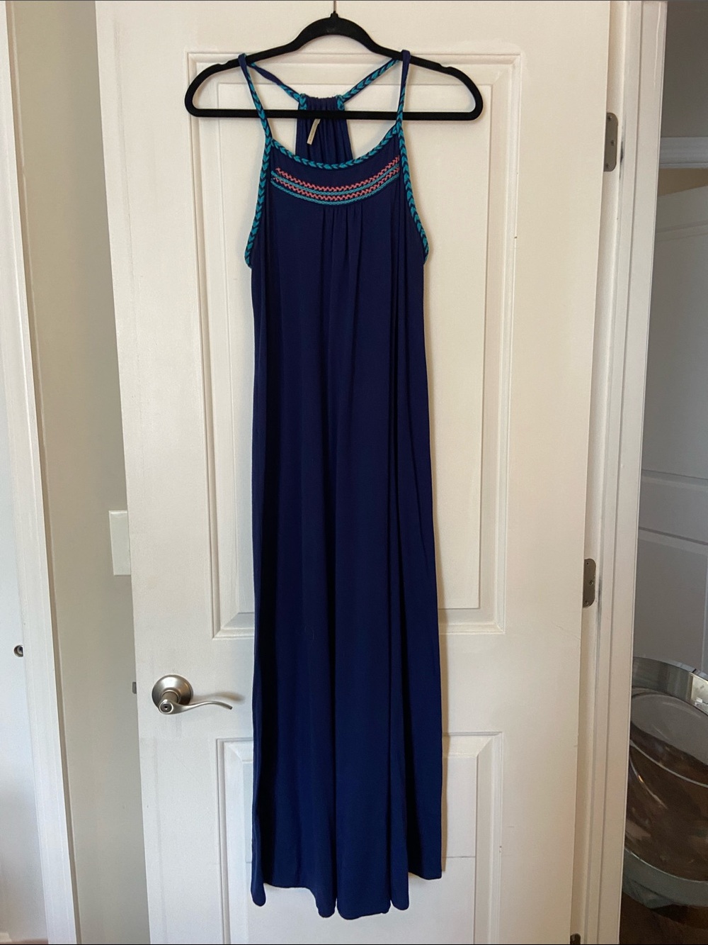 Navy Braided-Trim Maxi Dress with Turquoise Accents